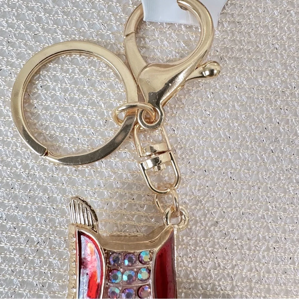 New Pink & Red Rhinestone Sparkling Cowboy Boot Keychain Bag Charm in Goldtone